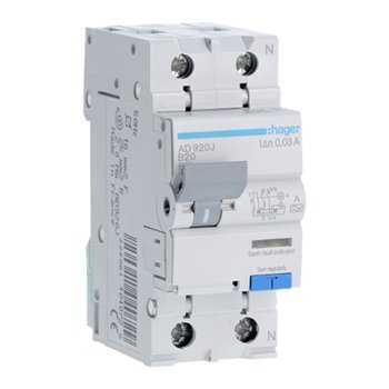 Hager 2 Pole 6kA B-20A 30mA A Class RCBO AD920J