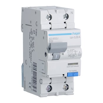 Hager 2 Pole 6kA B-32A 30mA A Class RCBO AD932J