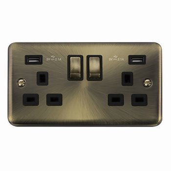 Click 13A Ingot 2G Antique Brass Switched Socket & USB Outlets DPAB580BK